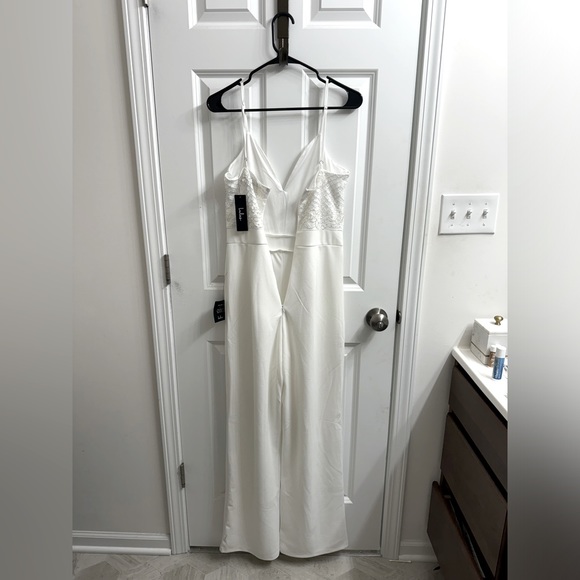 Lulu’s Memorable Occasion White Beaded Sequin Wide-Leg Jumpsuit - Women’s M - Picture 3 of 11